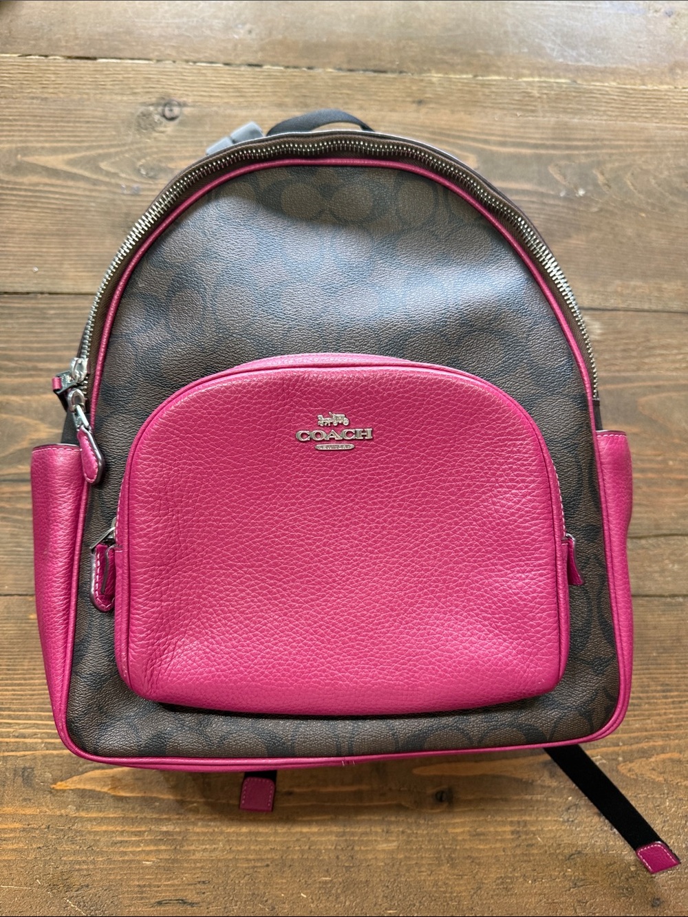 Coach Brown Signature Canvas Backpack with Pink Leather Pocket